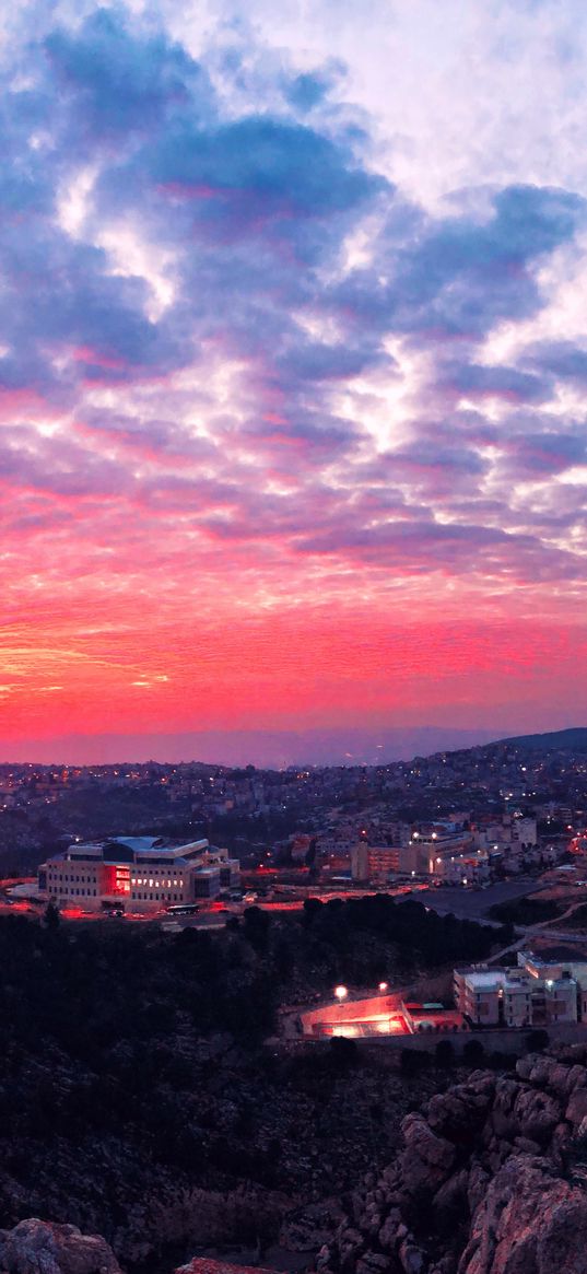 city, evening, sunset, sky, uplands