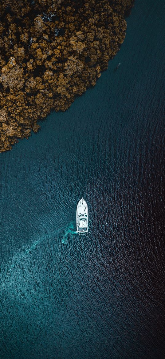 yacht, sea, trees, shore, view from above