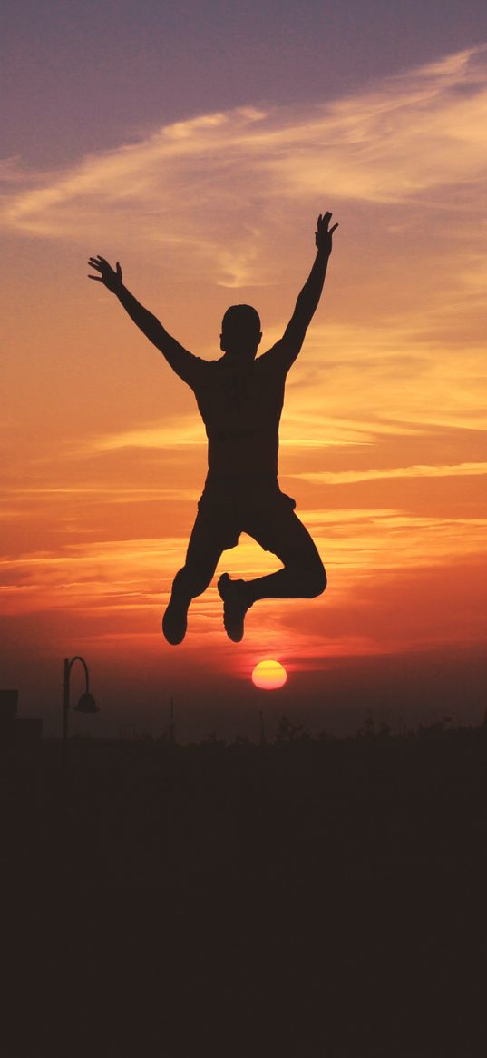 man, silhouette, jump, sky, sunset