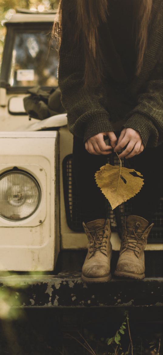 girl, leaf, autumn, boots, blur