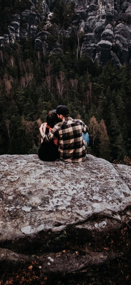 couple, rocks, mountains, top, love