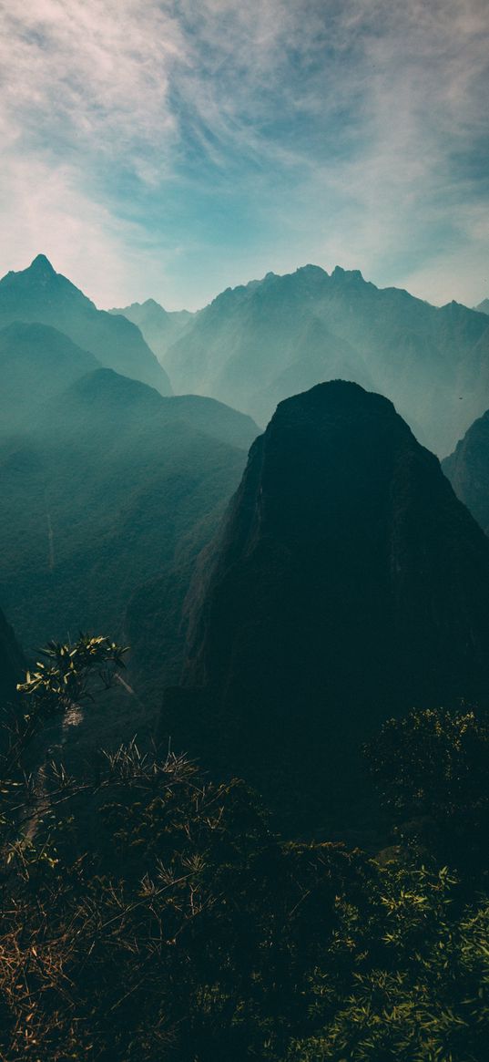 mountains, sky, peaks, grass