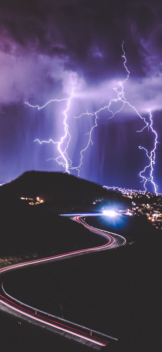 lightning, road, city, night