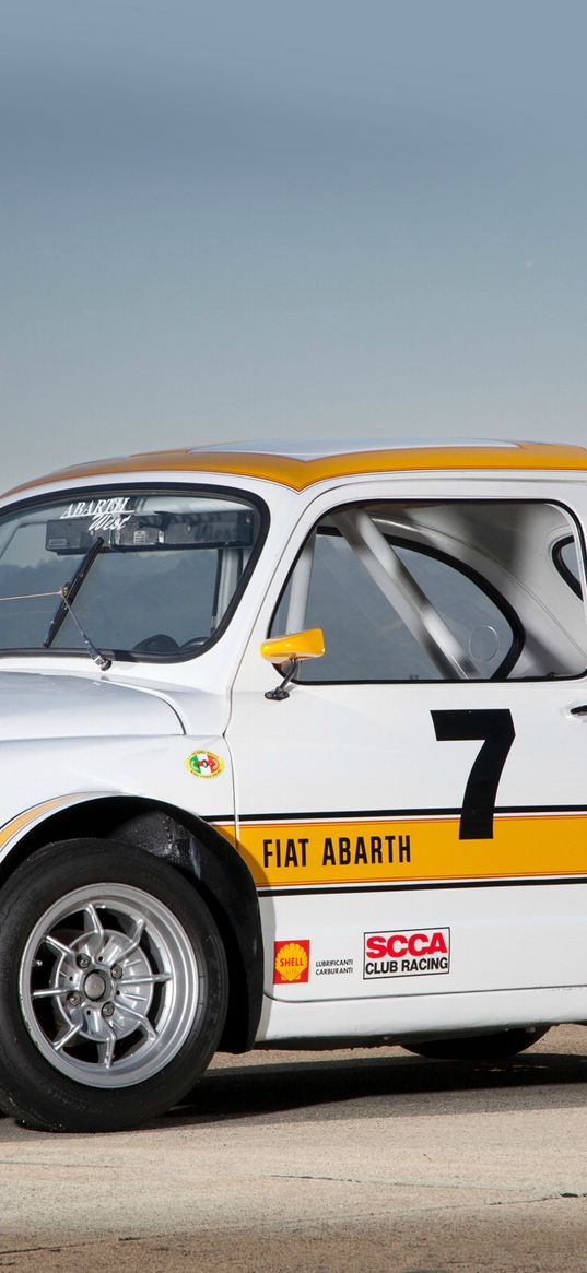 abarth fiat, 1000, white, yellow, retro, cars, sports, side view, mountains