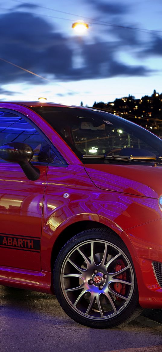 abarth 695, tributo ferrari, red, stylish, sports, side view, auto, city lights