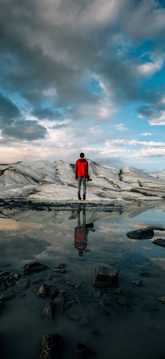 man, water, glacier, reflection