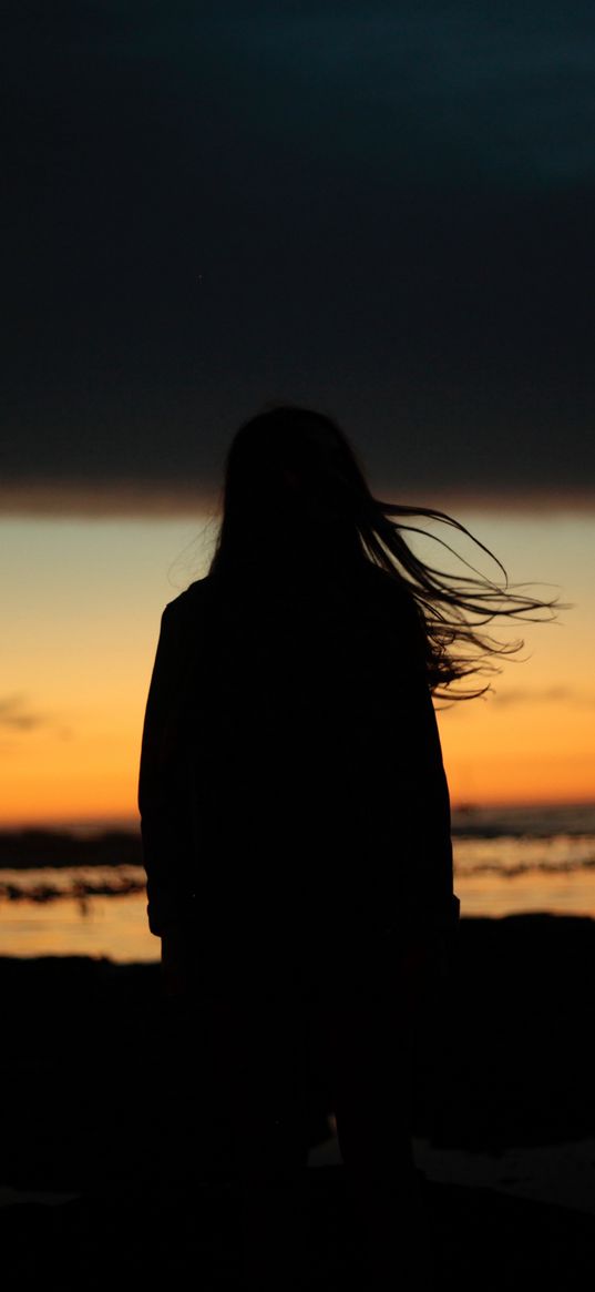 girl, silhouette, night, hair, wind