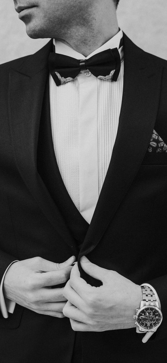 man, tuxedo, bw, suit, watch, groom