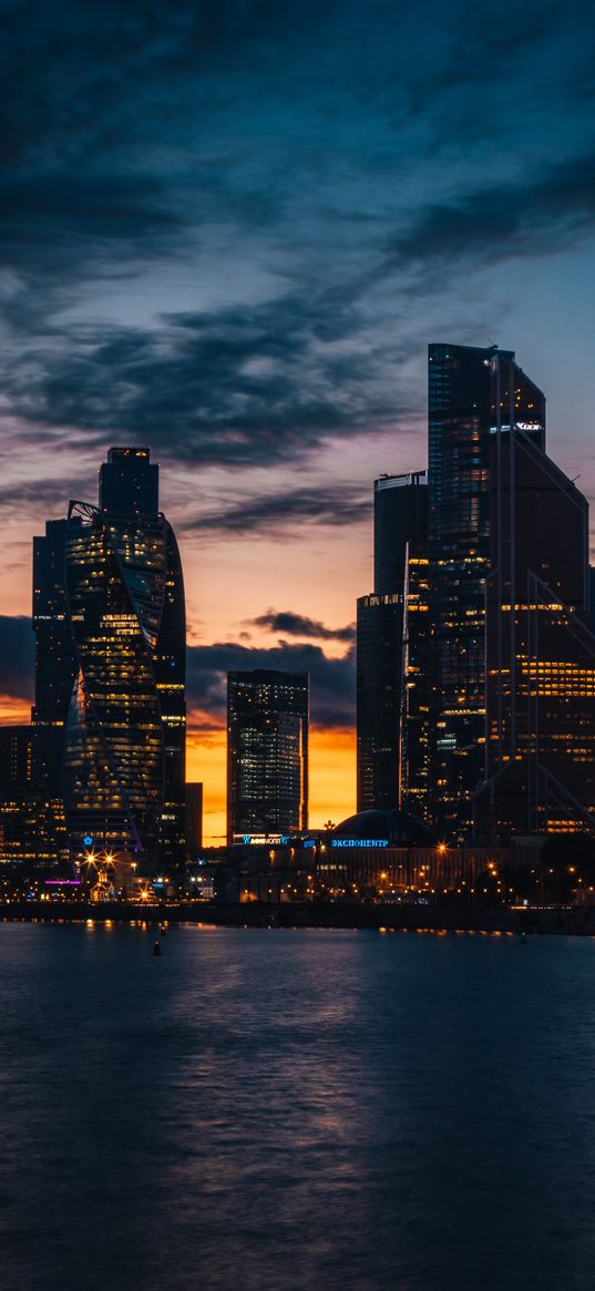 skyscrapers, night city, sunset, buildings