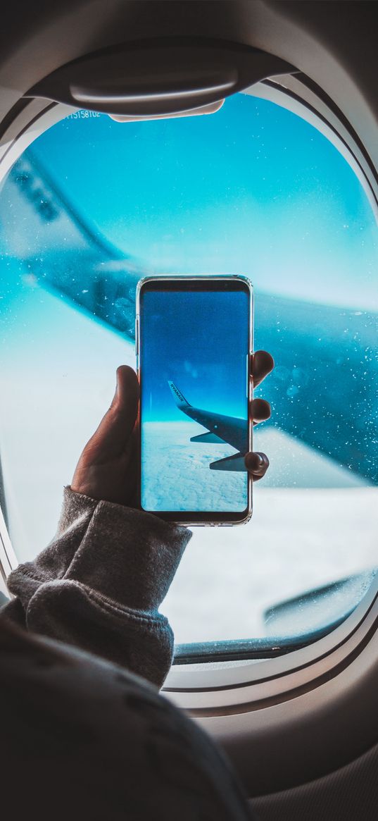 window, plane, wing, hand, smartphone