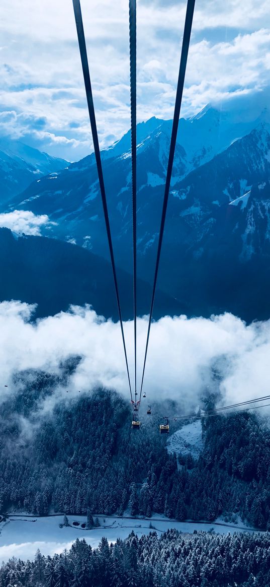 mountains, cable car, funicular, trees, peaks