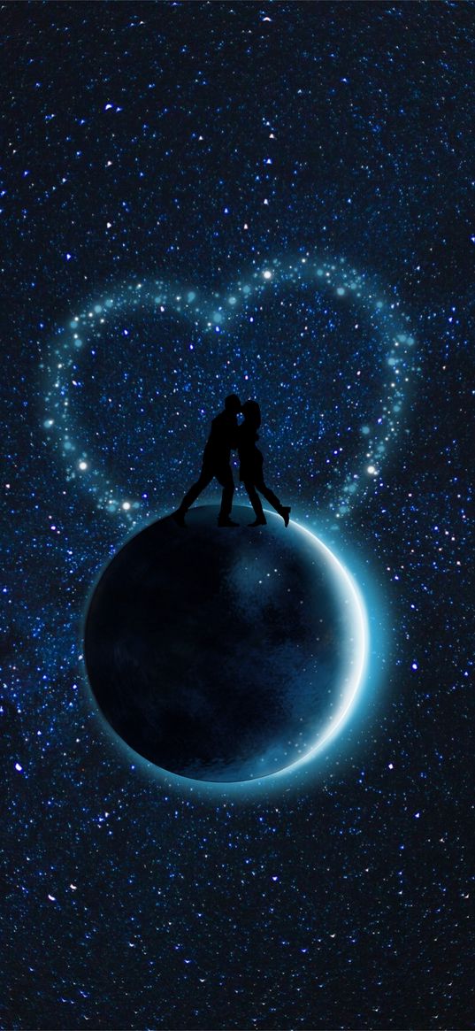 starry sky, couple, silhouettes, love, planet