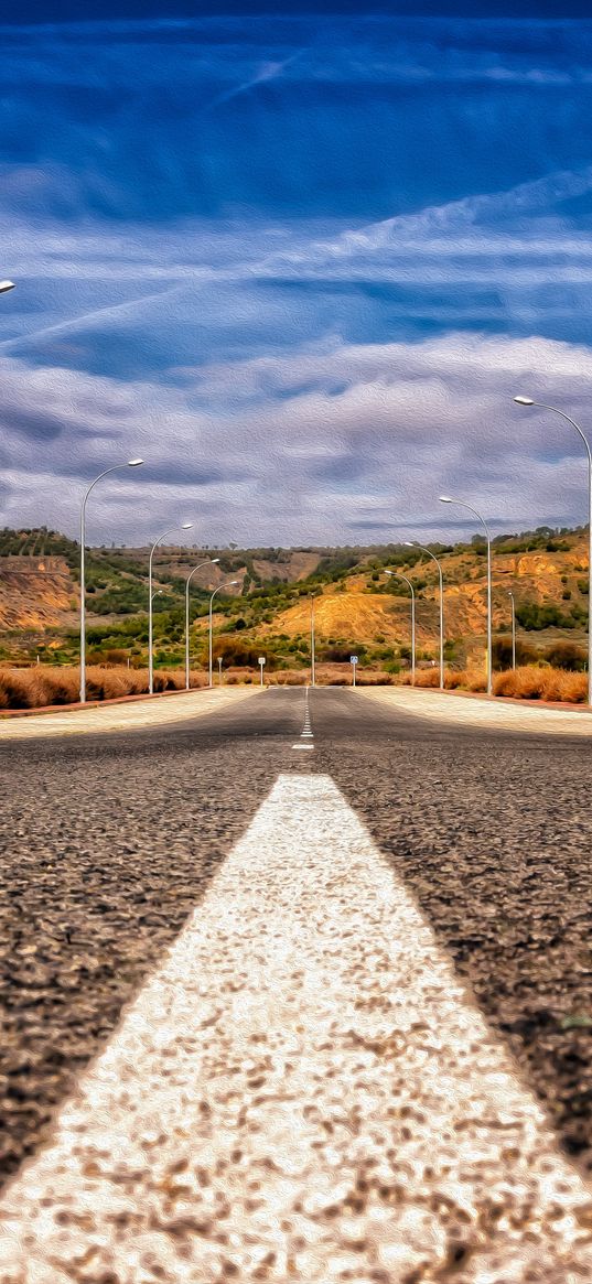 road, asphalt, marking, mountains, direction