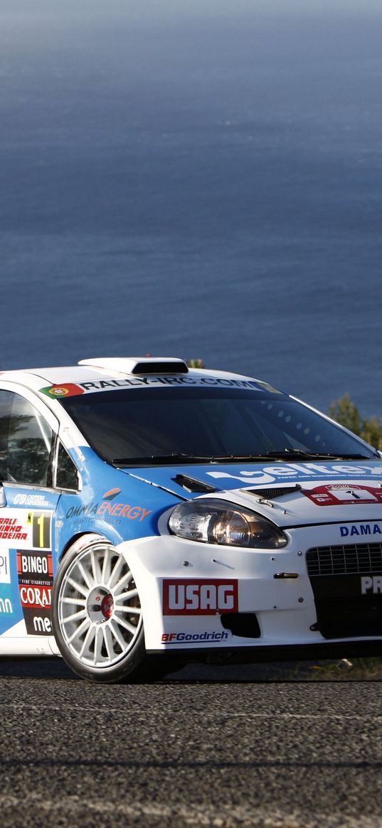 white, blue, sports, abarth, grande punto, car, side view, nature, water