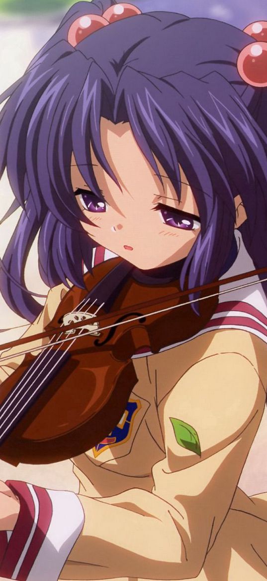 anime, girls, violin, bow, park, foliage, noise, hostility