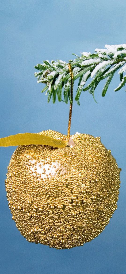 christmas, new year, apple, branch, ornament, fur-tree, snow, gold