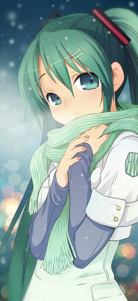 anime, girl, young, scarf, cold, warmth