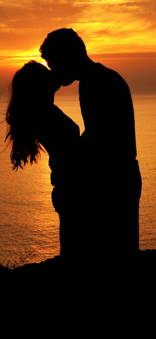 silhouettes, kiss, couple, love, sunset