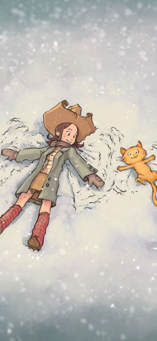 girl, cat, snow, play, friendship