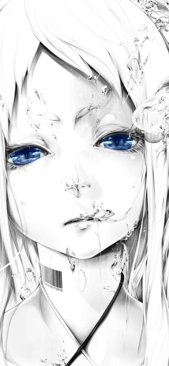 anime, blue-eyed, girl, water, drops