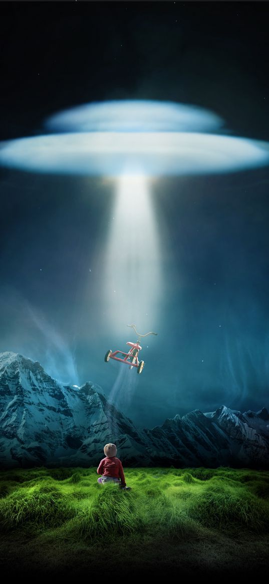 ufo, child, bicycle, mountains