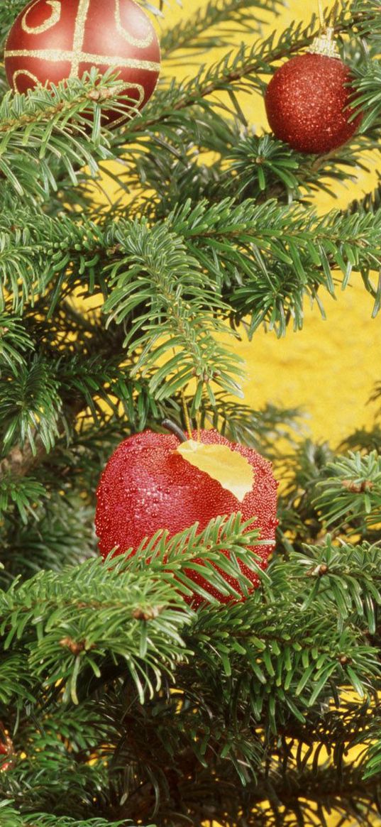 christmas, new year, fur-tree, attribute, spheres, red, ornaments, heart