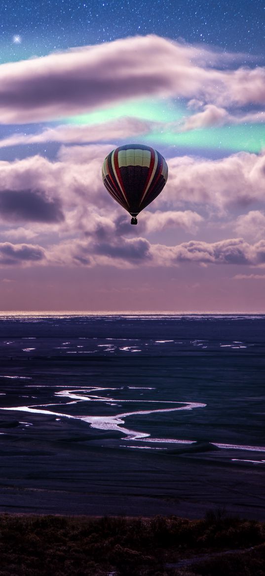 air balloon, ocean, aurora borealis, coast, clouds