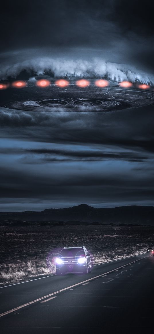 ufo, cars, road, marking, mountains