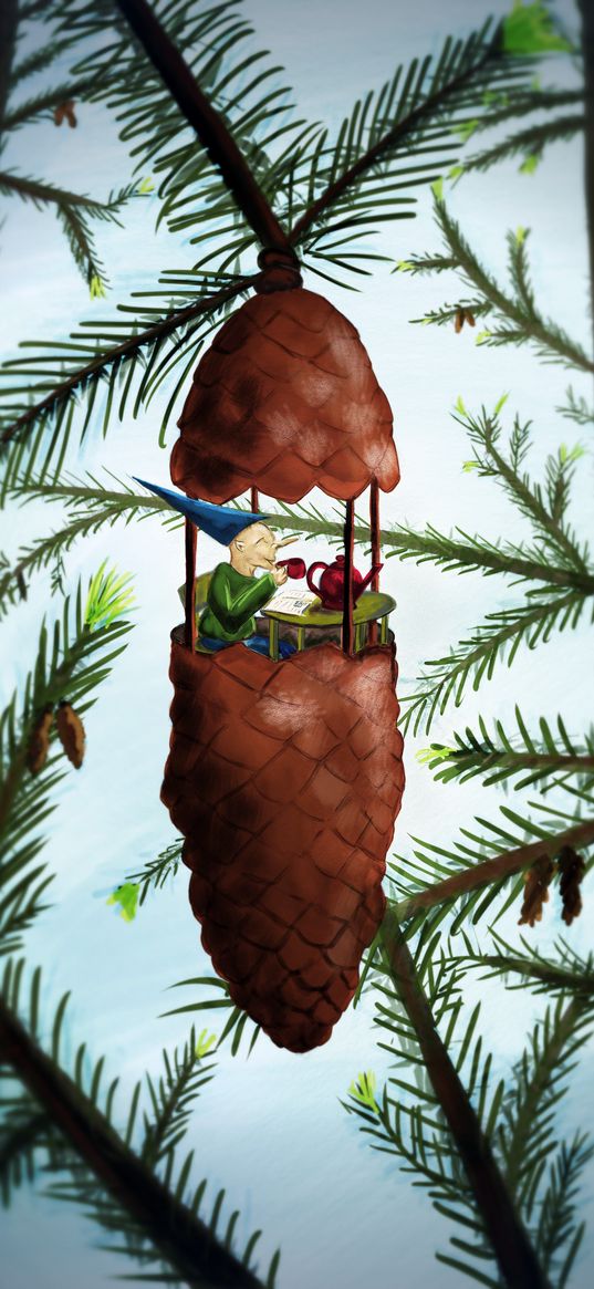 tea party, art, pine cone, gnome, forest, comfort