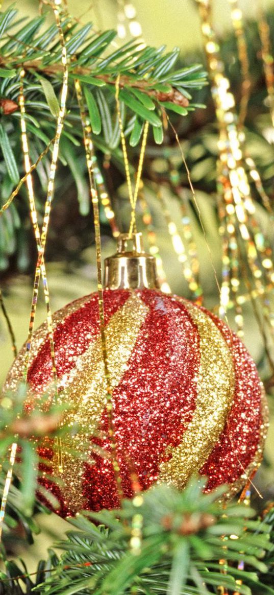 christmas, new year, fur-tree, attribute, sphere, red, ornament, rain