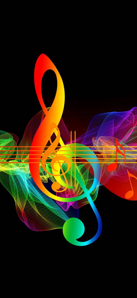 treble clef, musical notes, multicolored, rainbow