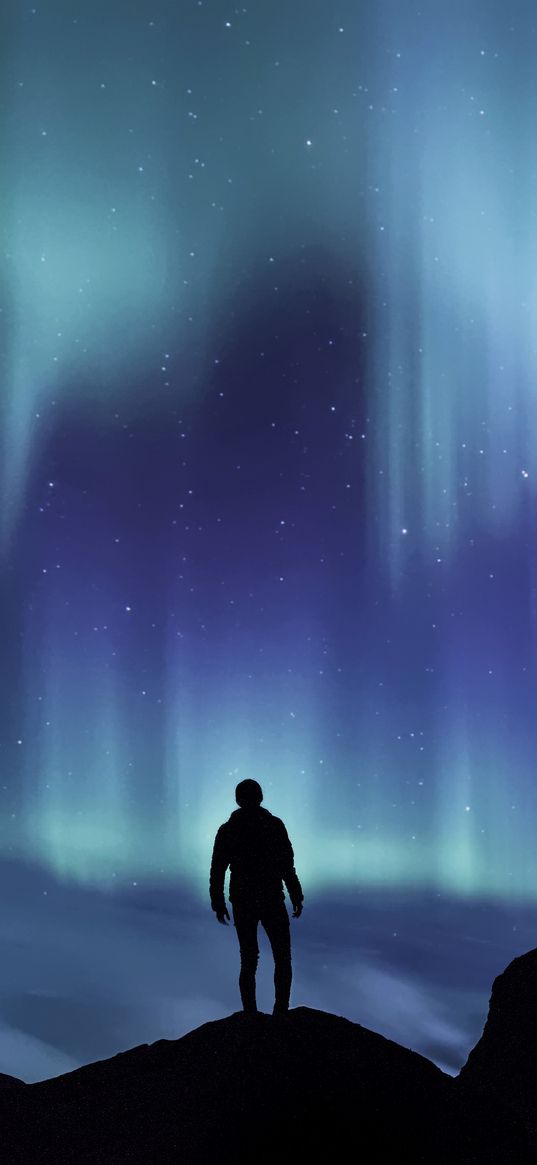 northern lights, silhouette, mountains, starry sky, phenomenon