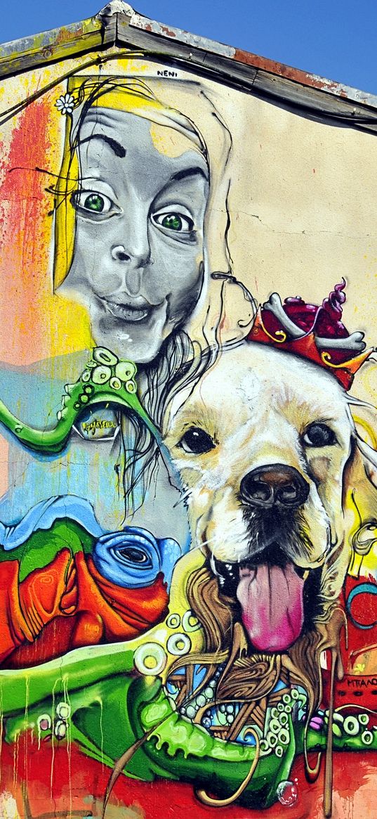 graffiti, girl, dog, art, street art, bright, colorful