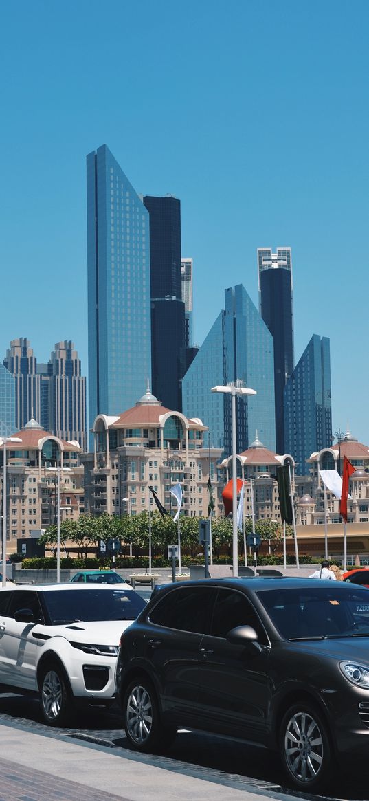 porsche cayenne, range rover, dubai, city, skyscrapers