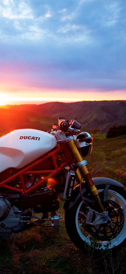 motorcycle, ducati, sunlight, sunset