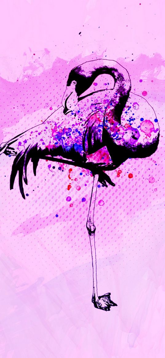 flamingo, art, bird, spots, paint, pink