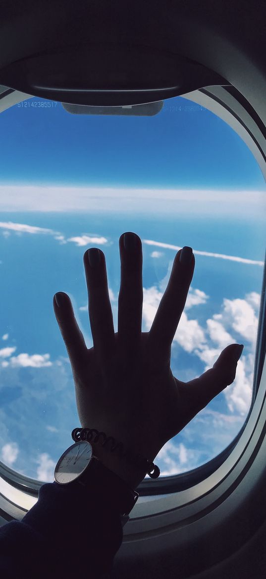 porthole, hand, airplane, window, clouds