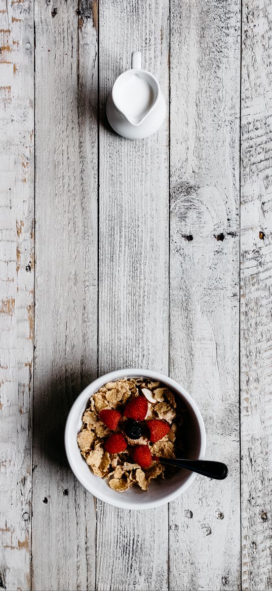 breakfast, cereals, berries, milk, table