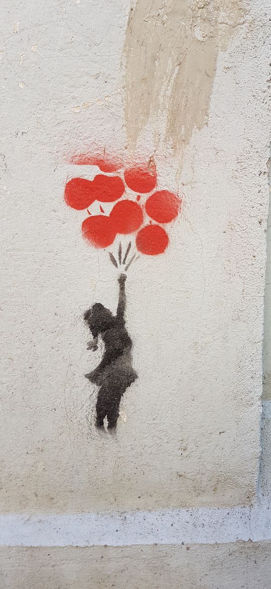 graffiti, child, balloons, street art, wall, paint