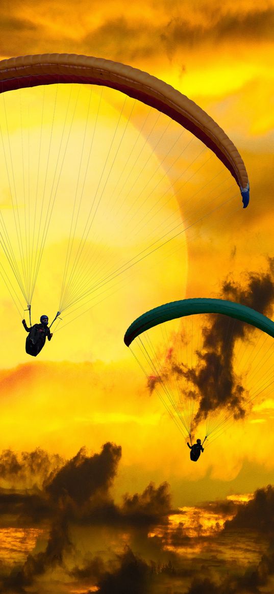 paraglider, paragliding, clouds, sky, sun