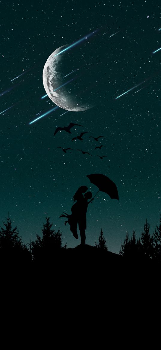 couple, silhouettes, starry sky, love, umbrella, moon, trees, night