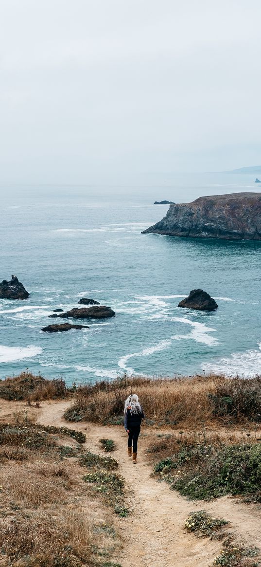 girl, sea, walk, travel, rocks, stones, shore