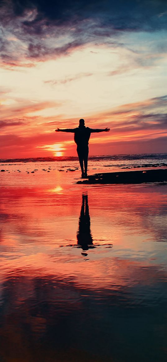 silhouette, shore, sunset, freedom, motivation