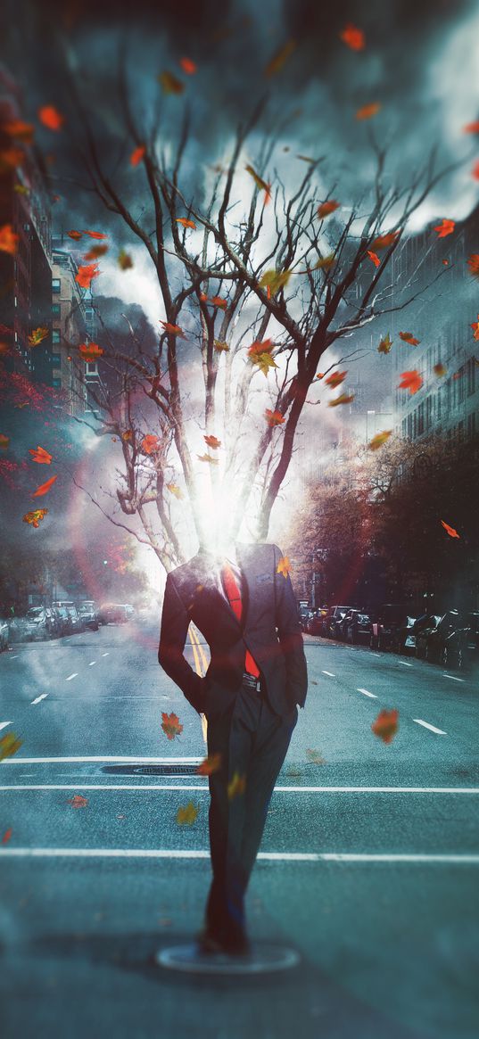 man, city, surrealism, tree, foliage, light, transience, digital art