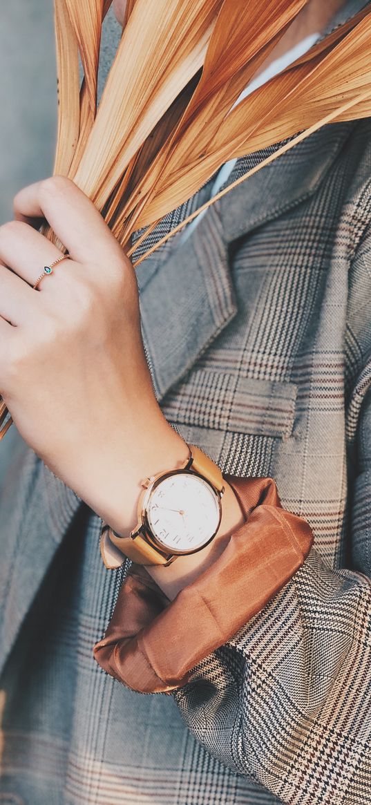 hand, wristwatch, branch, jacket, ring