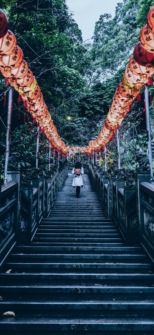 stairs, chinese lanterns, climb, trees