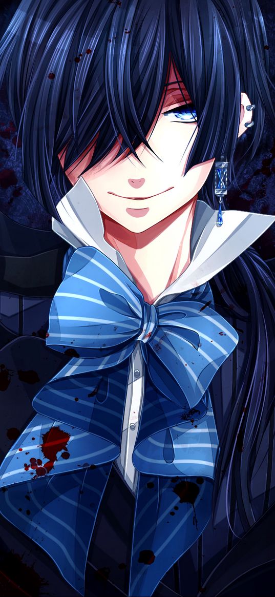 anime, tie, smile, spots, earrings