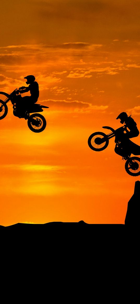 motorcyclist, silhouettes, trick, hill