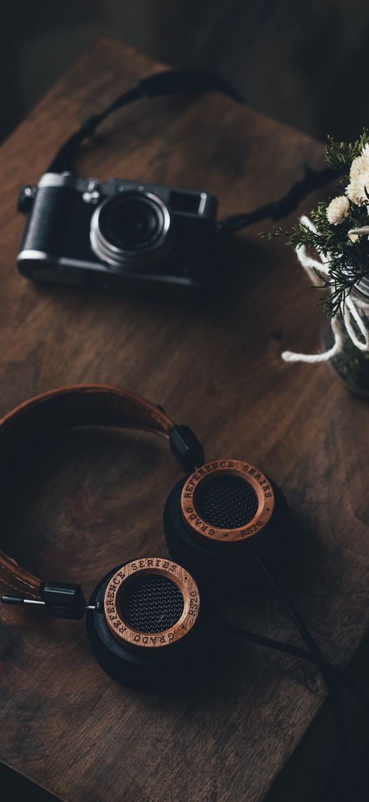 headphones, table, sound, wooden