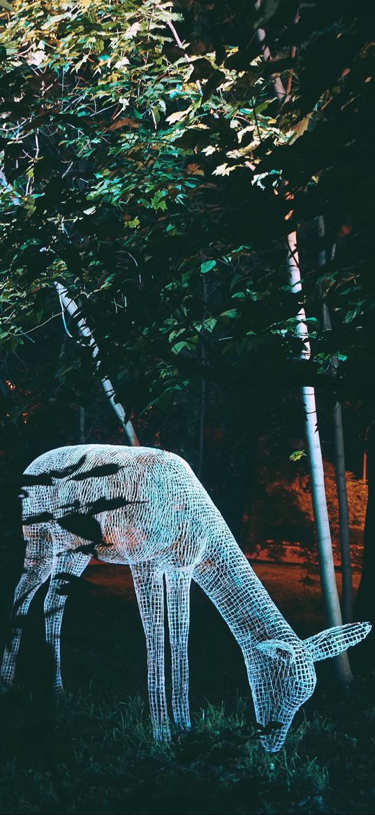 sculpture, light, trees, deer, art